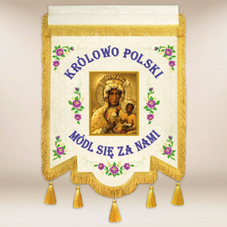 Chorągiew dwustronna haftowana z wizerunkiem Matki Bożej Królowej Polski
