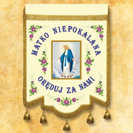 Chorągiew dwustronna haftowana z wizerunkiem Matki Bożej Różańcowej
