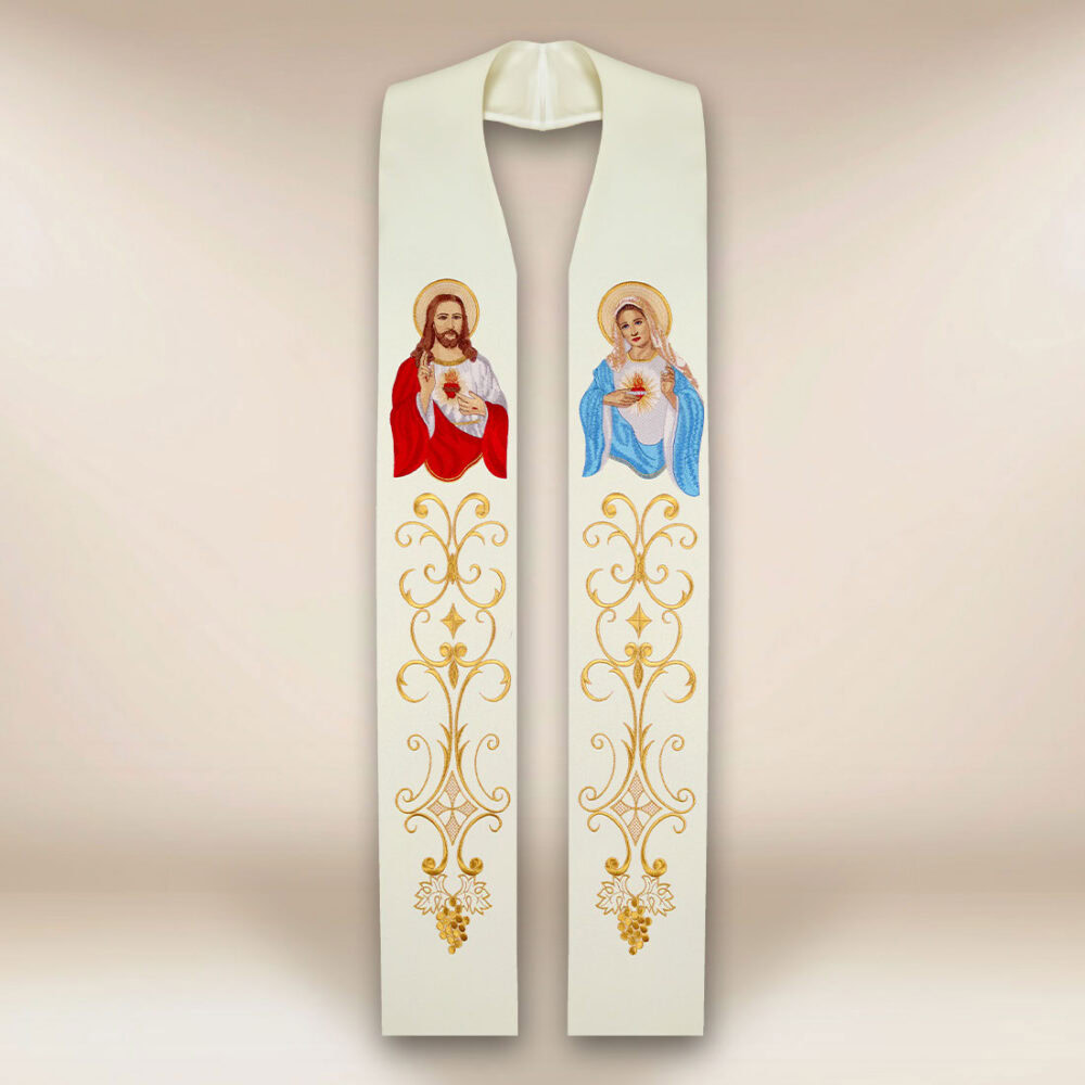 Stuła haftowana z wizerunkiem Serce Jezusa i Maryi