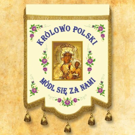 Chorągiew dwustronna haftowana z wizerunkiem Matki Bożej Różańcowej