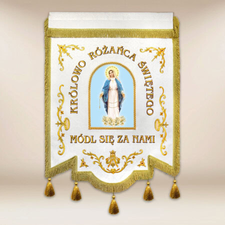 Chorągiew haftowana "Królowej Różańca Świętego" z dowolnym napisem