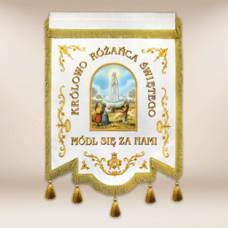 Chorągiew haftowana "Królowej Różańca Świętego" z dowolnym napisem