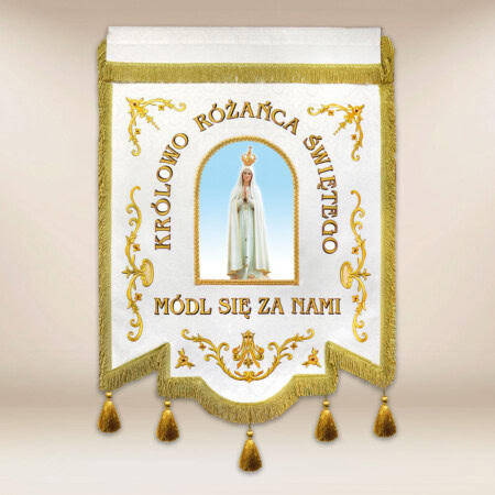 Chorągiew haftowana "Królowej Różańca Świętego" z dowolnym napisem