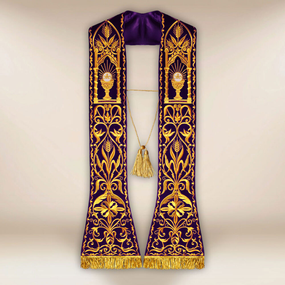 Stuła haftowana rzymska na pluszu “Kielich”