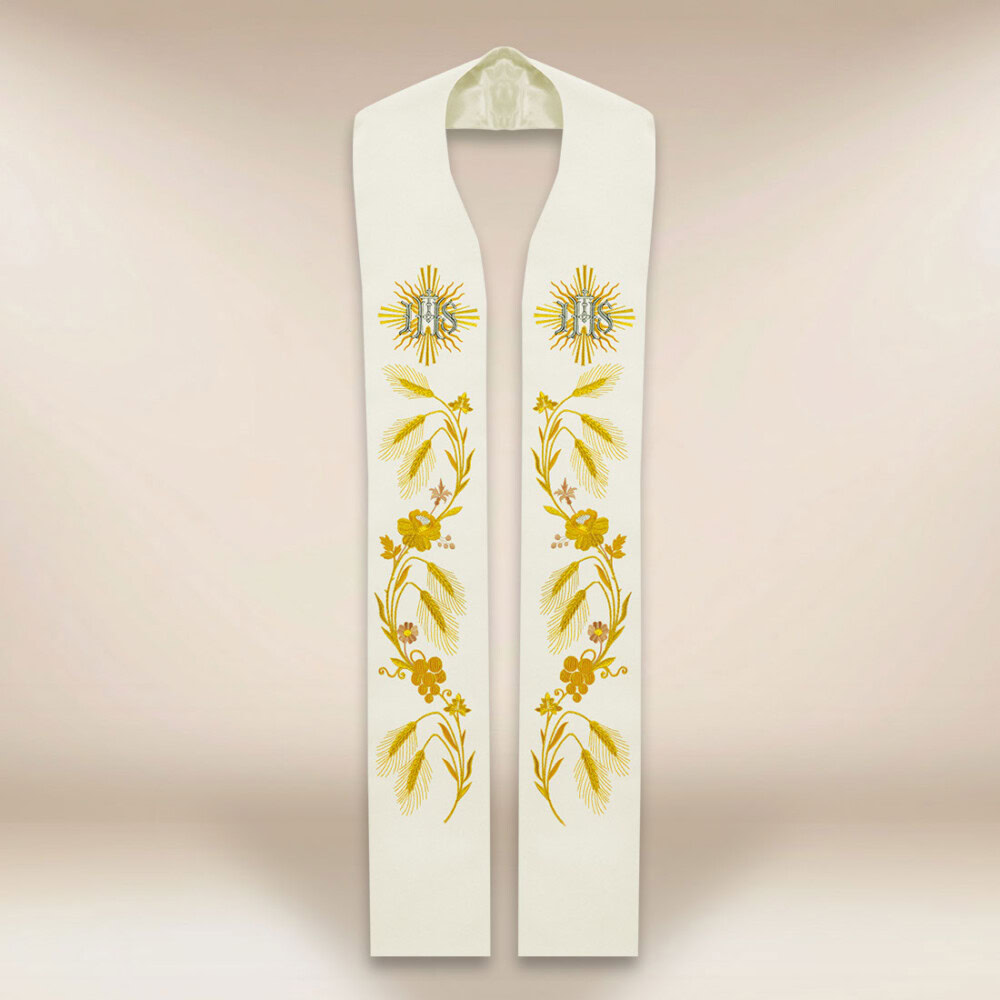 Stuła haftowana liturgiczna IHS ecru Stuła haftowana liturgiczna IHS ecru