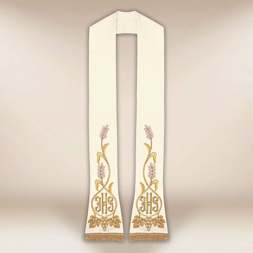 Haftowana stuła liturgiczna IHS ecru
