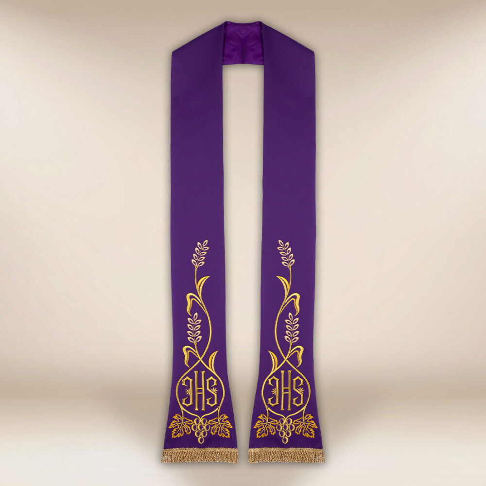 Haftowana stuła liturgiczna IHS fioletowa