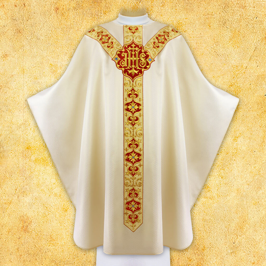 Haftowany ornat liturgiczny ecru z symbolem IHS