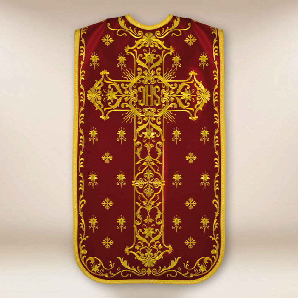 Haftowany ornat rzymski z IHS bordowy