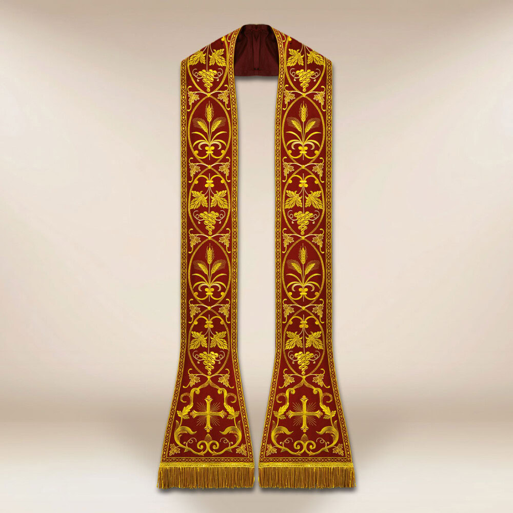 Liturgiczna rzymska stuła haftowana bordowa