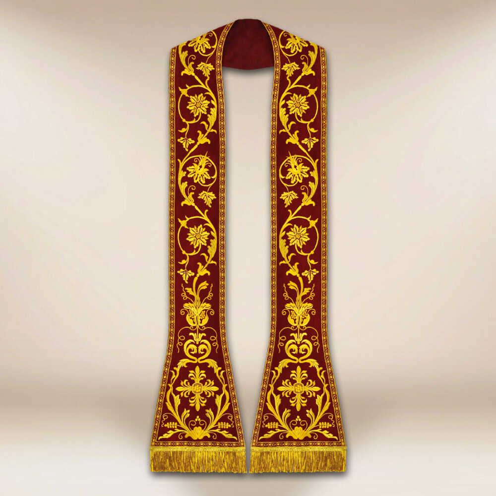 Bordowa liturgiczna stuła rzymska haftowana