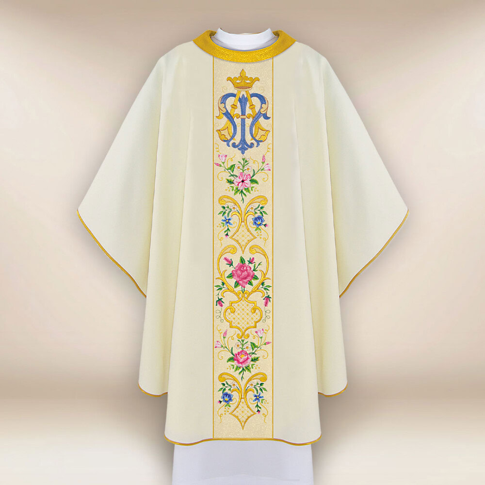 Elegancki ornat liturgiczny haftowany z motywem maryjnym