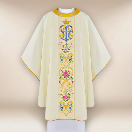 Elegancki ornat liturgiczny haftowany z motywem maryjnym
