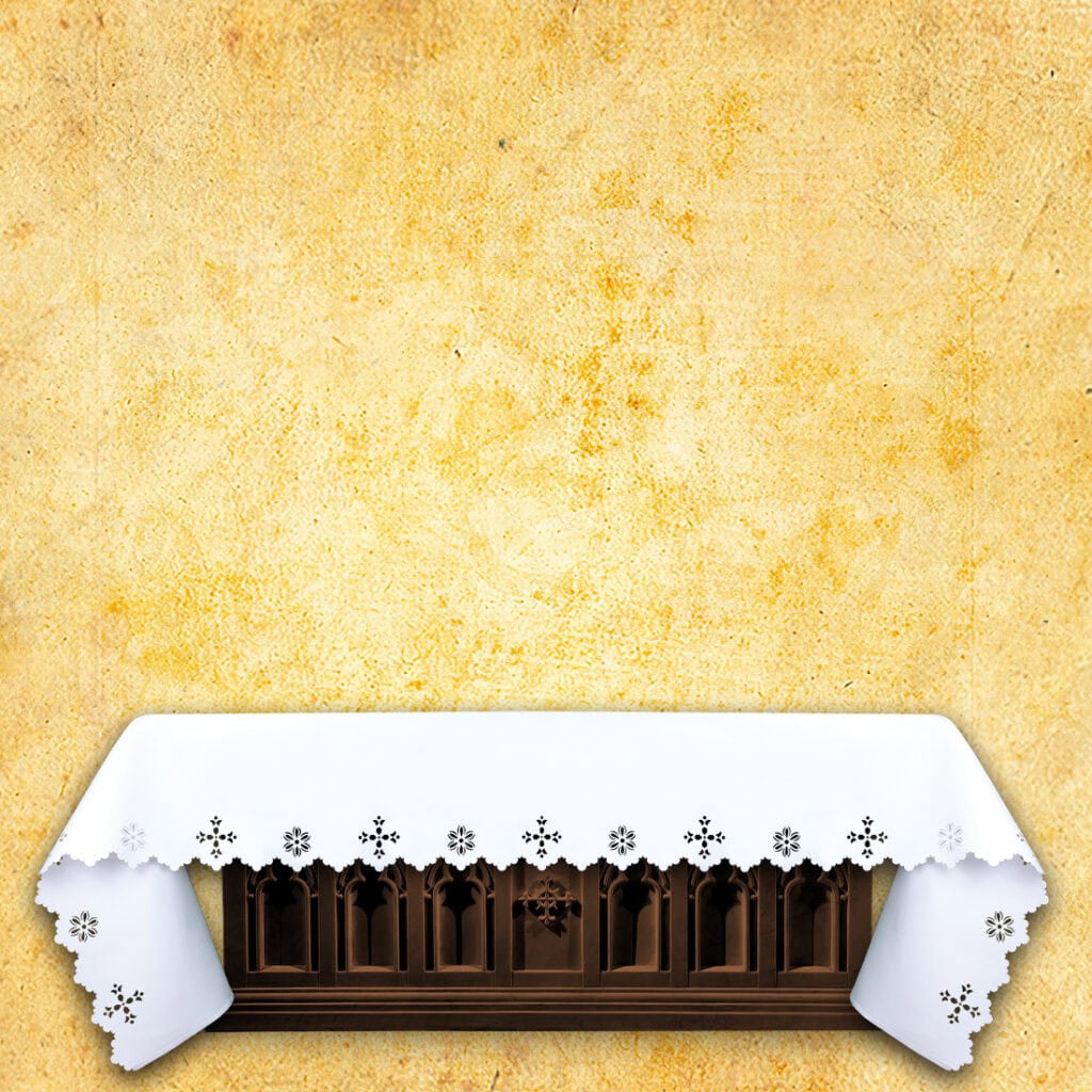 Ażurowy obrus ołtarzowy do kościoła – biały z wycinanymi motywami liturgicznymi, model Misterium Ołtarza