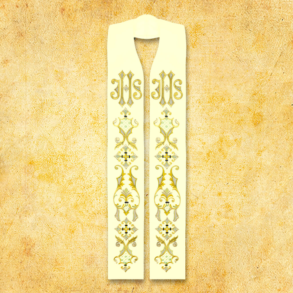 Haftowana stuła liturgiczna ecru z IHS