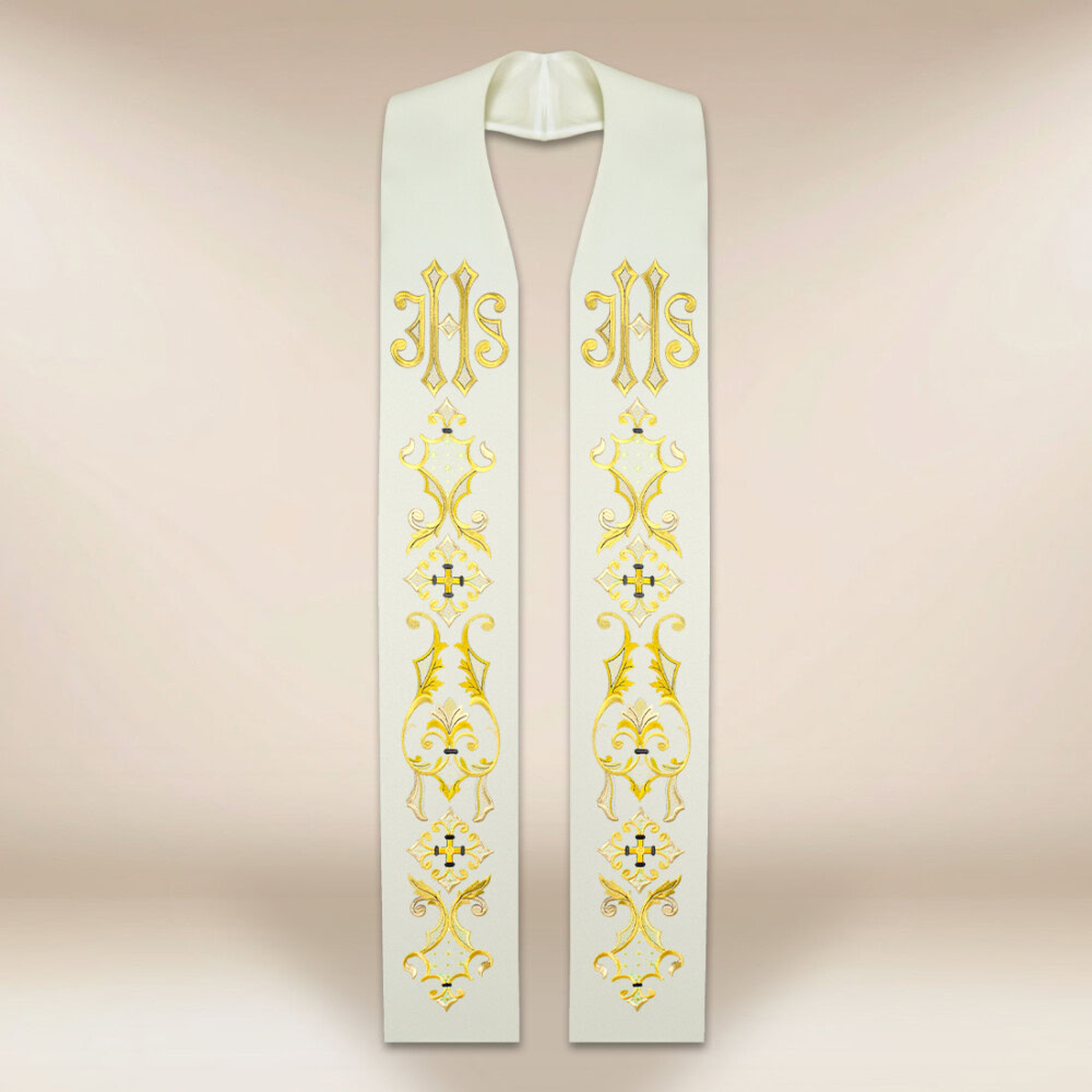 Haftowana stuła liturgiczna ecru z IHS Haftowana stuła liturgiczna ecru z IHS