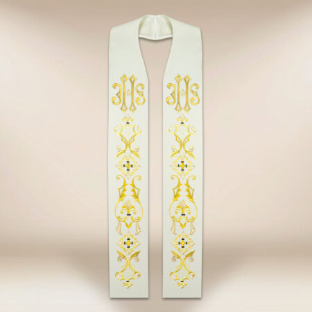 Haftowana stuła liturgiczna ecru z IHS