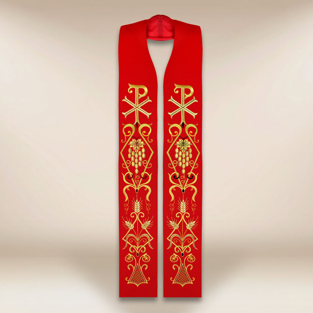Haftowana stuła liturgiczna czerwona z symbolem PX