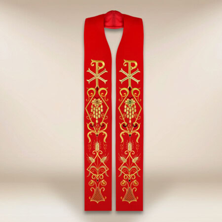 Haftowana stuła liturgiczna czerwona z symbolem PX