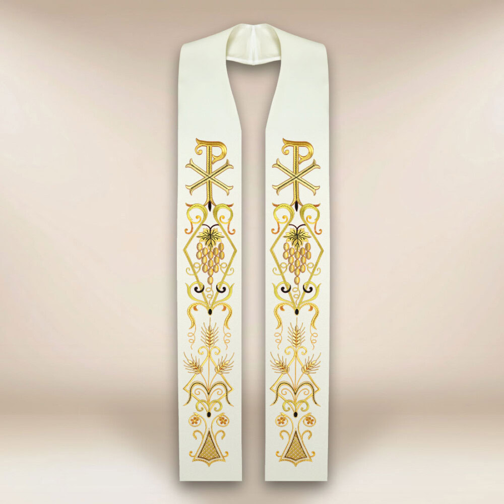 Haftowana stuła liturgiczna ecru z symbolem PX