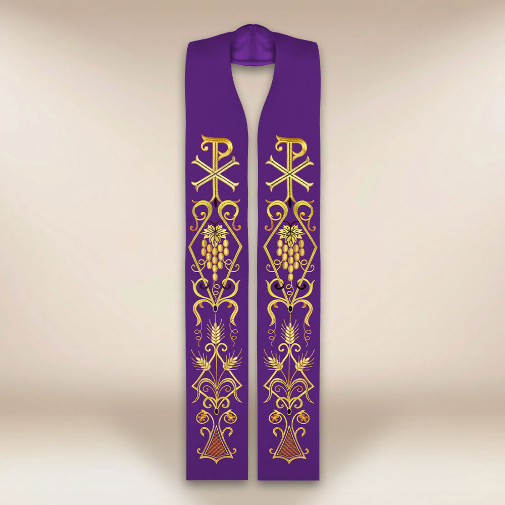 Haftowana stuła liturgiczna fioletowa z symbolem PX
