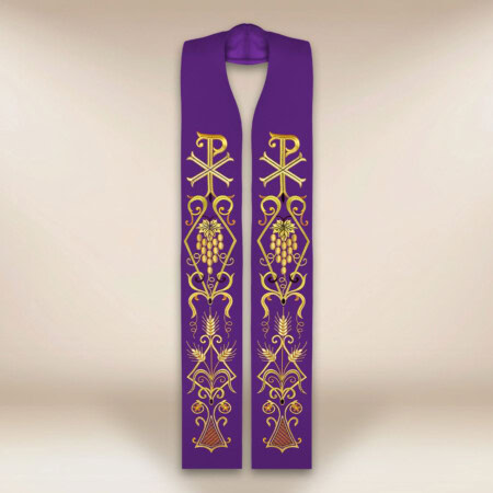 Haftowana stuła liturgiczna fioletowa z symbolem PX