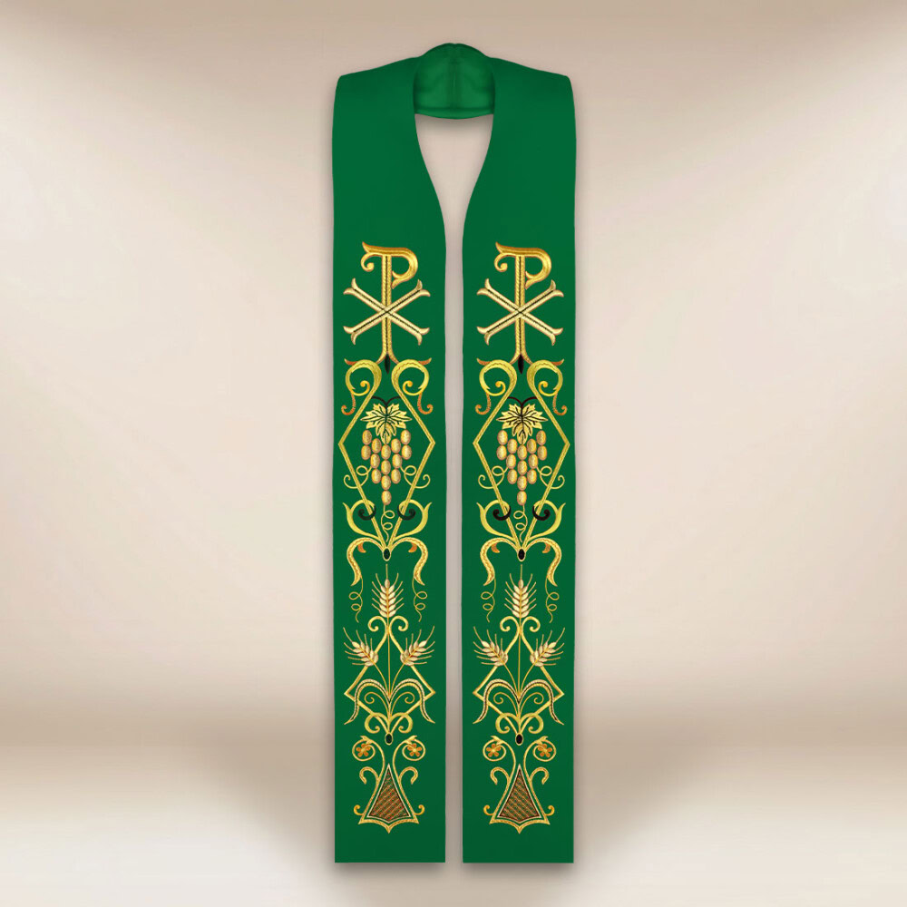 Haftowana stuła liturgiczna zielona z symbolem PX