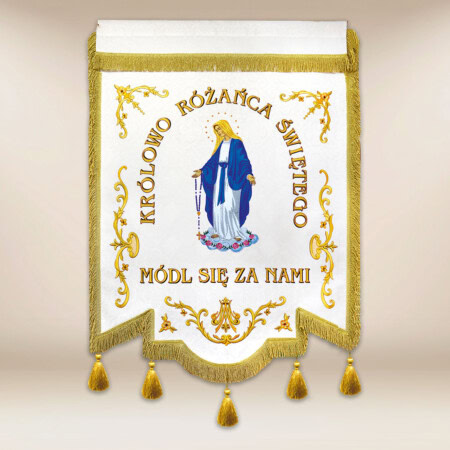 Chorągiew haftowana „Królowej Różańca  Świętego” z dowolnym napisem