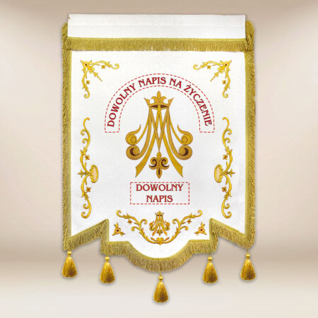 Chorągiew haftowana „Królowej Różańca  Świętego” z dowolnym napisem