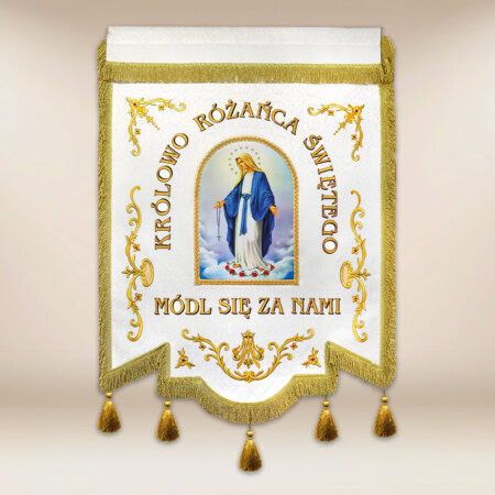 Chorągiew haftowana "Królowej Różańca Świętego" z dowolnym napisem