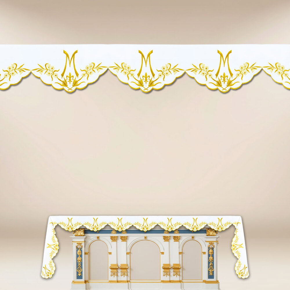 Obrus haftowany „Ave Maryja – złoty”  – haftowany z trzech stron 280x115cm