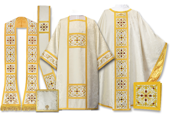 Białe ornaty liturgiczne z haftem złotym – komplet Massimo Bianco