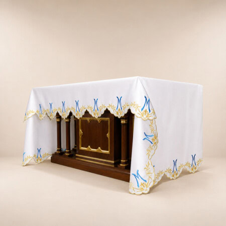 Obrus haftowany „Ave Maryja – niebieski” – haftowany z trzech stron 512x115cm