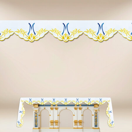 Obrus haftowany „Ave Maryja – niebieski” - haftowany z trzech stron 280x115cm