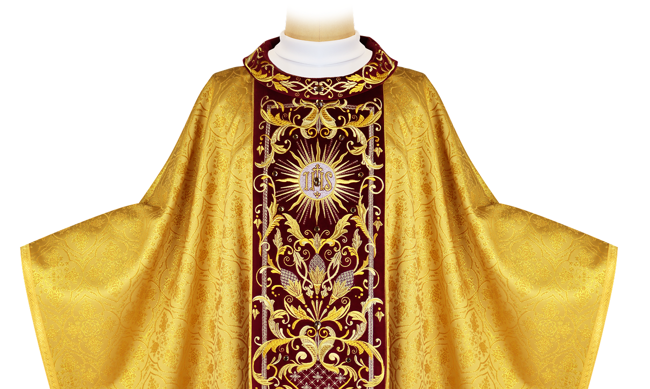 Ornat haftowany Pietre E Oro – złoty ornat liturgiczny z burgundowym pasem i bogatym haftem IHS
