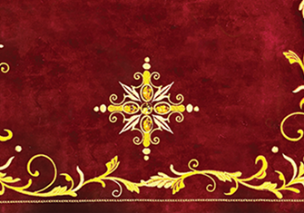 Haftowany krzyż liturgiczny Pietre E Oro – złoty ornament na czerwonym aksamicie