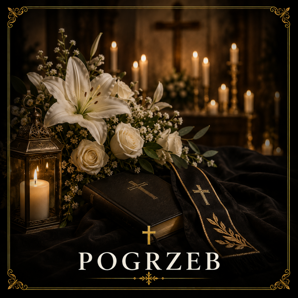 Ołtarz podczas liturgii pogrzebowej z krzyżem, Ewangeliarzem, białymi kwiatami i świecami