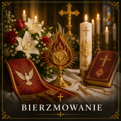 Ołtarz przygotowany do bierzmowania z mitrą, pastorałem, krzyżmem i czerwonymi szatami liturgicznymi