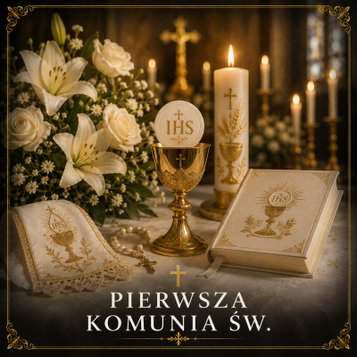 Ołtarz na Pierwszą Komunię Świętą z Hostią, kielichem, białymi kwiatami i zapalonymi świecami