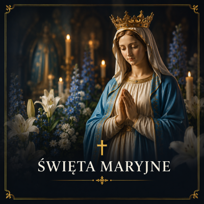 Święta Maryjne ukazane przez postać Matki Bożej w błękitnym płaszczu, otoczoną świecami i kwiatami