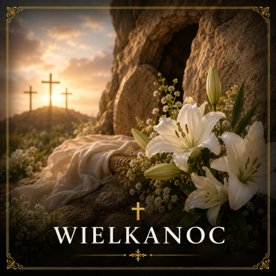 Krzyż oświetlony blaskiem poranka oraz białe lilie w wielkanocnej aranżacji liturgicznej