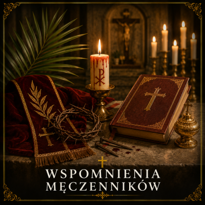 Msza ku czci męczenników z Ewangeliarzem, świecami i palmą symbolizującą zwycięstwo wiary